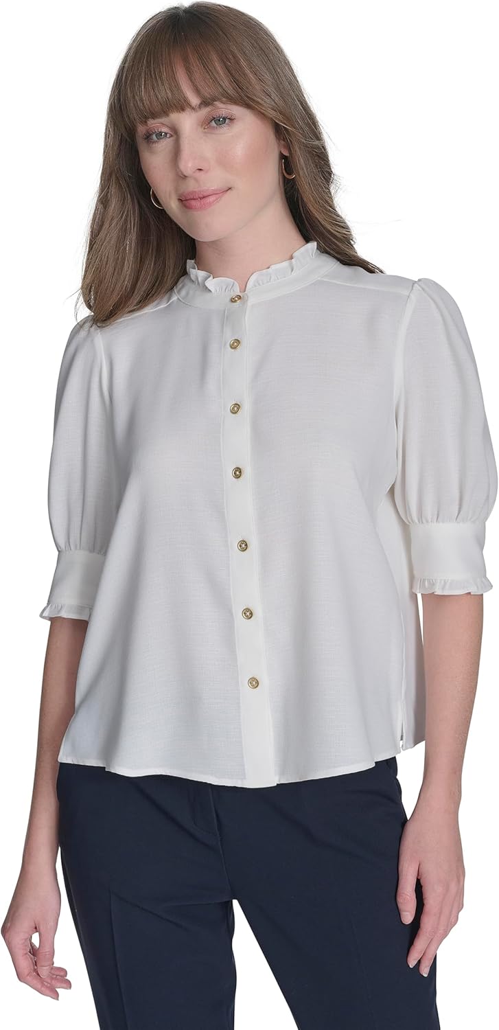 

Женская рубашка Tommy Hilfiger с коротким рукавом и оборкой на вороте с пуговицами спереди, Eggshell