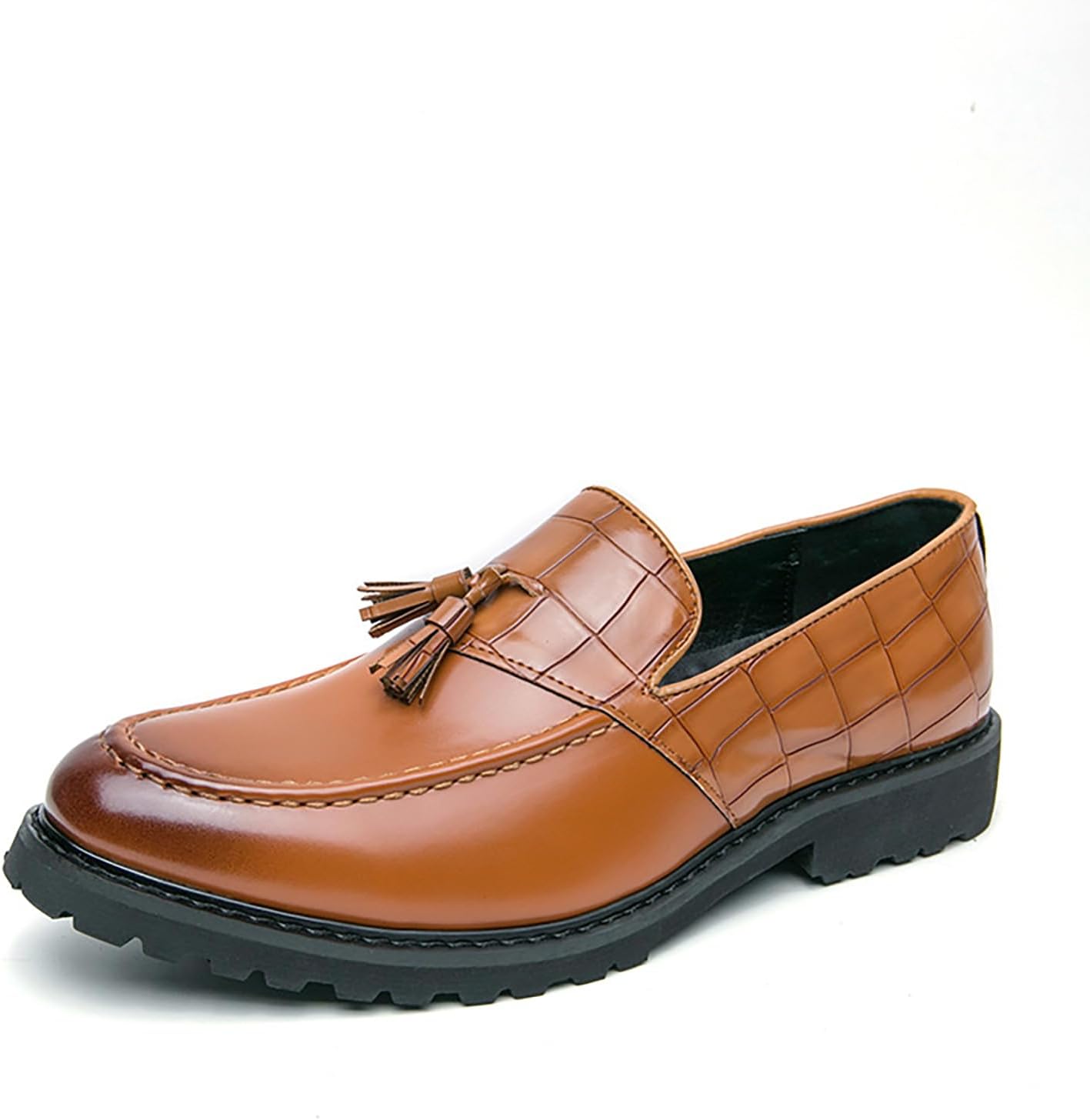 

Мужские кожаные слипоны с платформой и кисточками, модные туфли с круглым носком, противоскользящие, низкие, для вождения, вечеринок и офиса Forevercan, коричневый