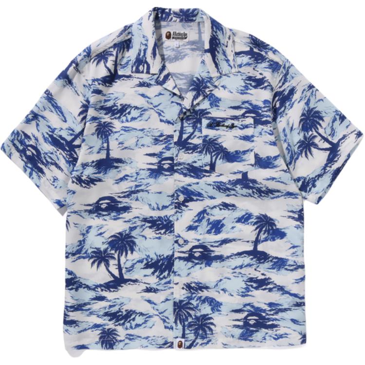

Bape Palm Tree Camo открытая воротник карман короткий рукав рубашка A BATHING APE, синий