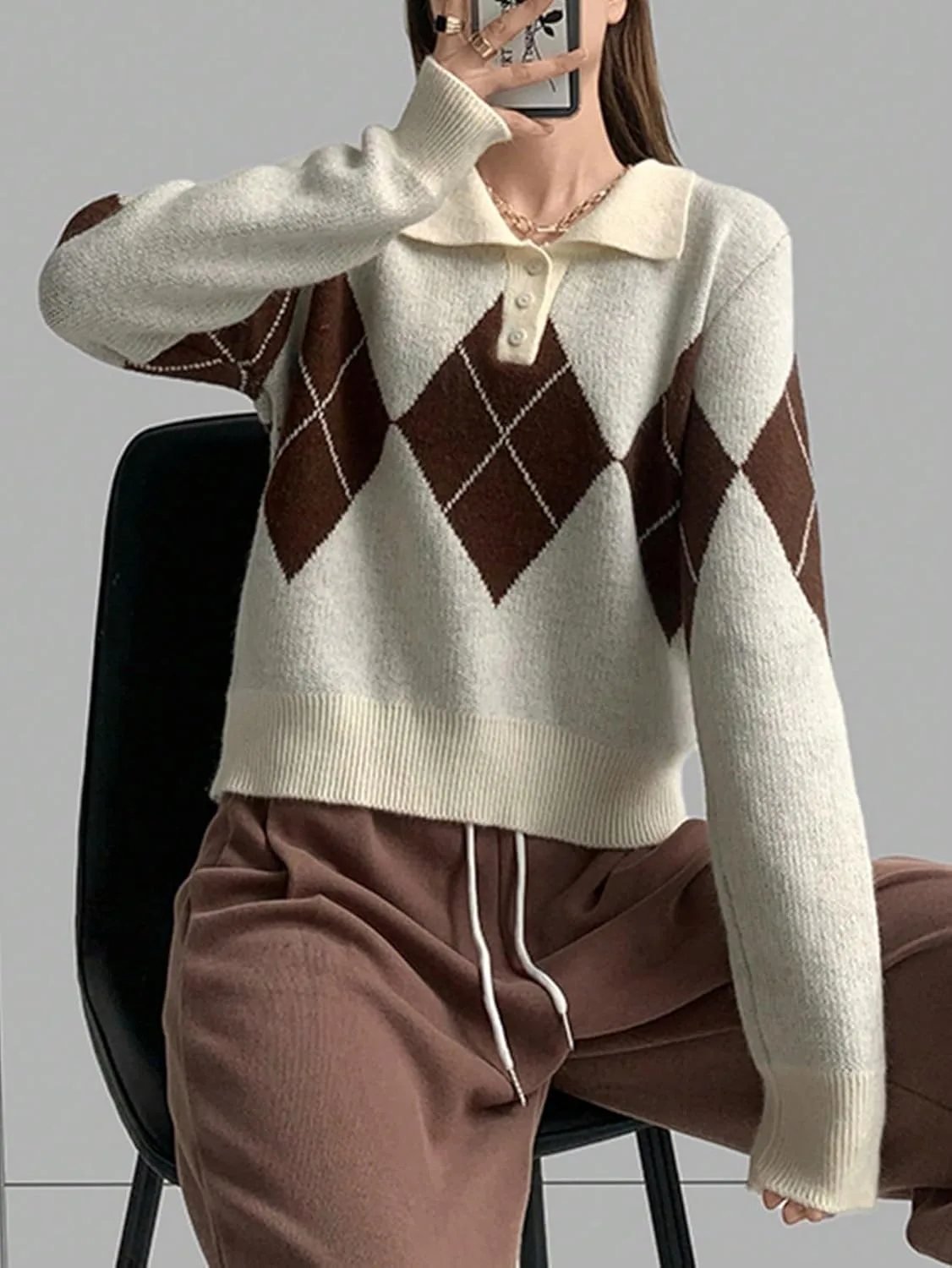 

Свитер поло с узором аргайл (цвет: Beige, размер: Large) Neeno