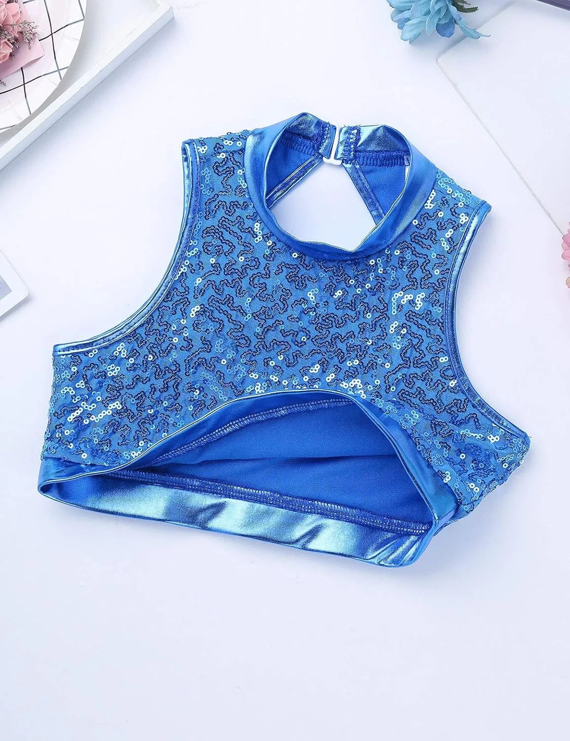 Детский спортивный комплект топ и шорты YiZYiF, Zo Sequin Blue — фото 3