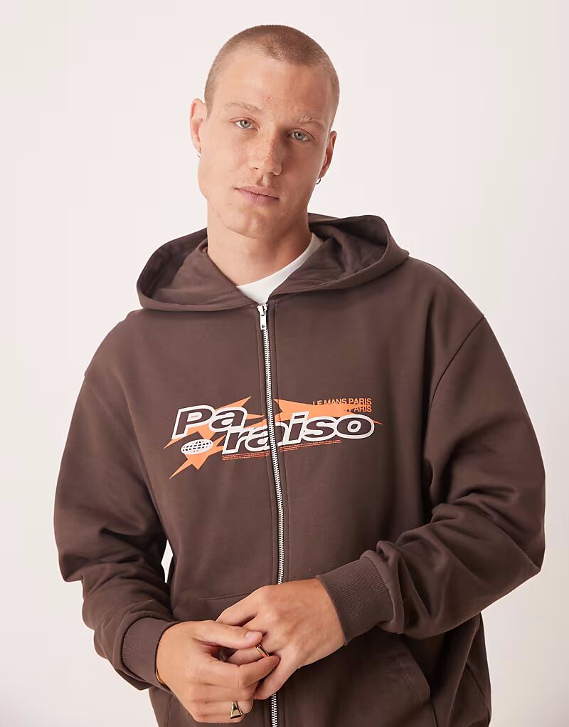 

Толстовка на молнии со спортивным принтом коричневого цвета Asos Design