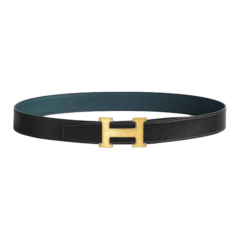 

HERMES Мужской ремень из телячьей кожи с металлическим золотым покрытием черный шириной 3,2 см, Black