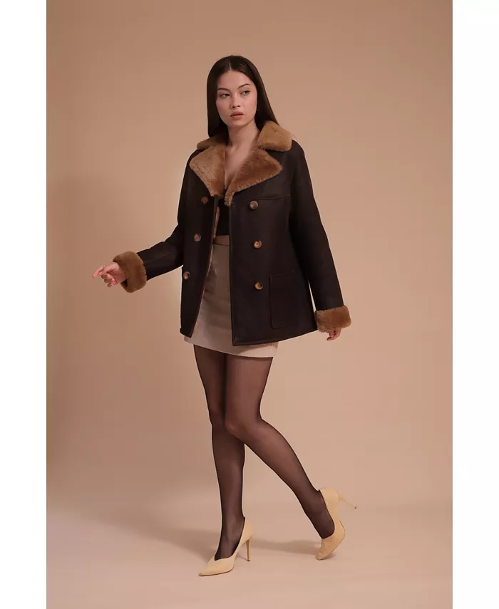 

Женская кожаная дубленка из овчины, коричневая Furniq UK, коричневый