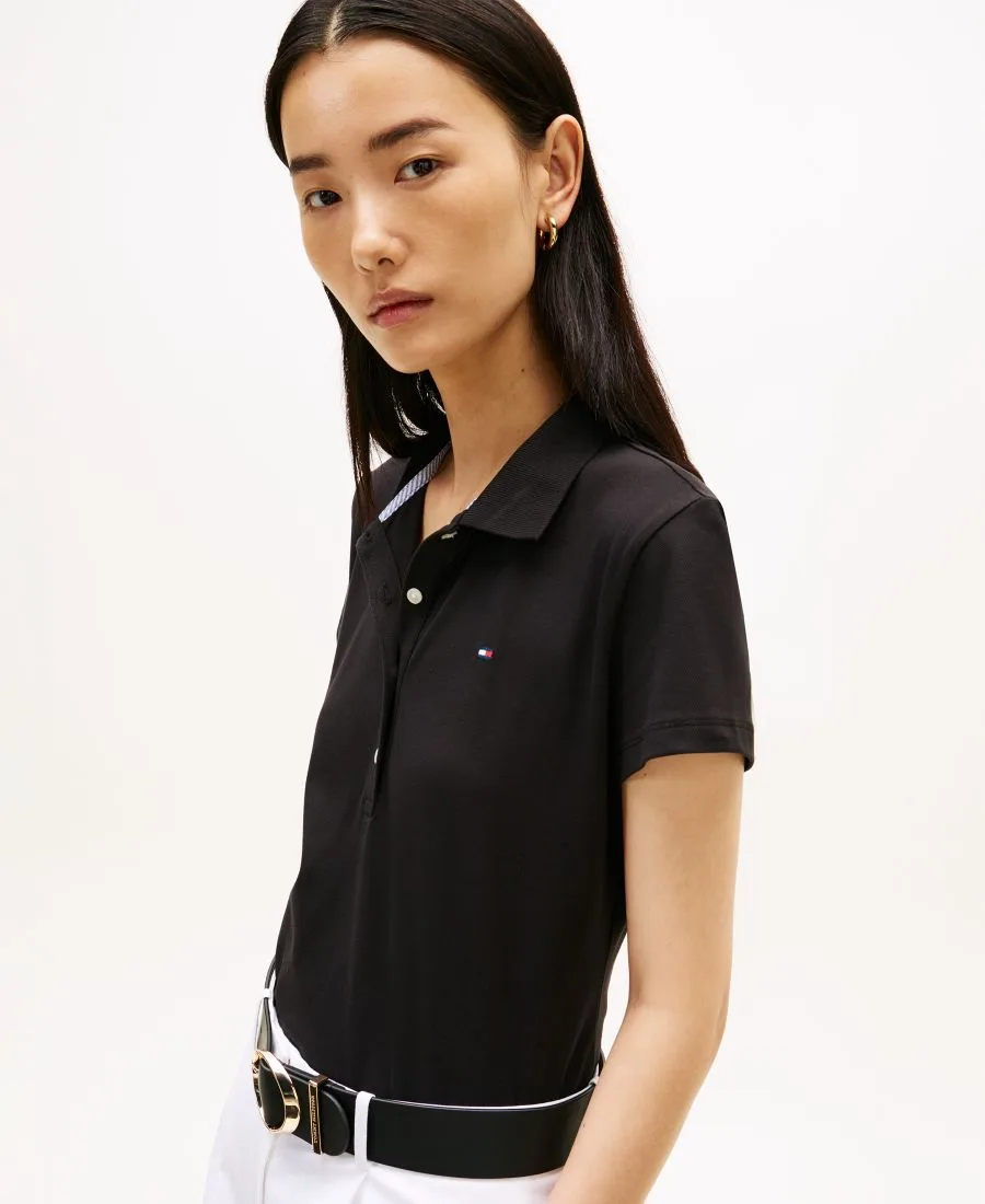 Классическая женская футболка-поло с коротким рукавом из пике Tommy Hilfiger, черный — фото 3
