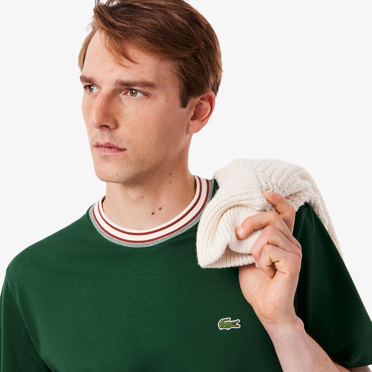 Мужская повседневная футболка Lacoste с ребристым воротником и каймой в стиле «Французская горничная», зеленый — фото 2