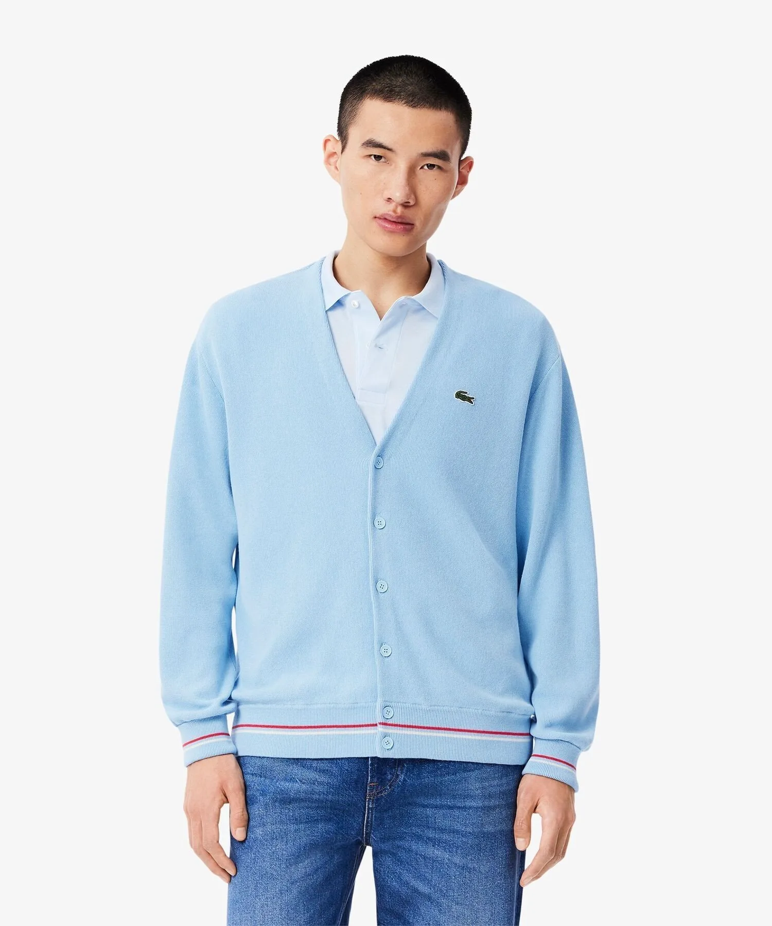 Кардиган из хлопка, связанный резинкой LACOSTE, Light blue