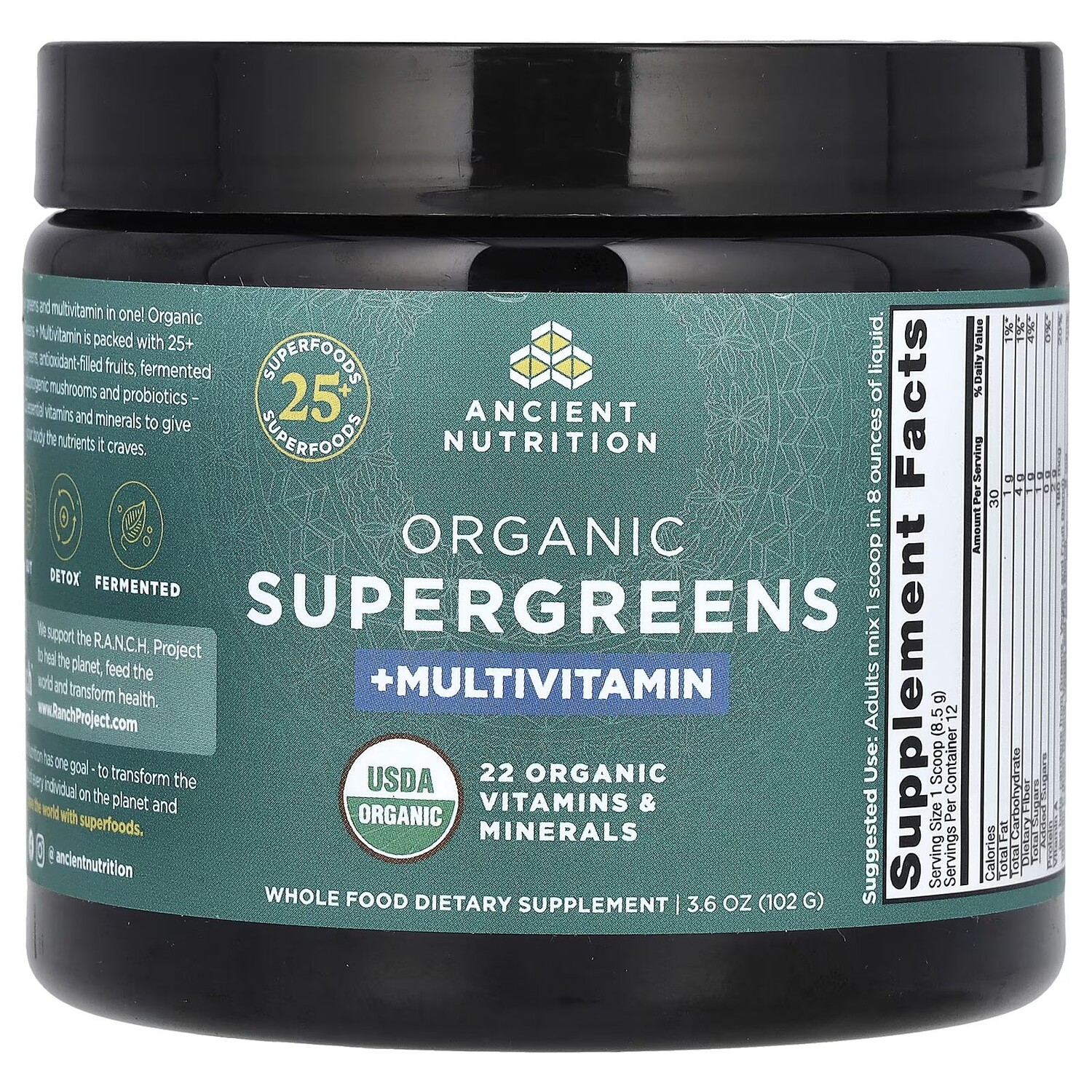 

Органические суперзелени + мультивитамины, 3,6 унции (102 г) Ancient Nutrition