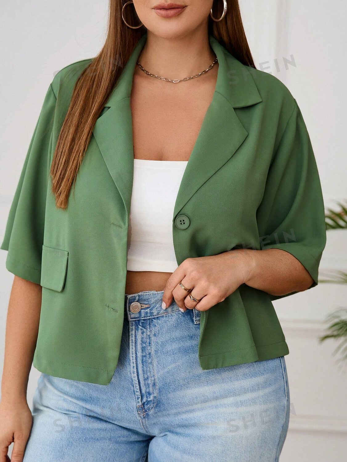 

Essnce Женский зеленый пиджак больших размеров с v-образным вырезом и короткими рукавами больших размеров Модный Shein, зеленый