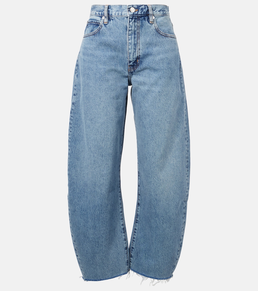 

Джинсы Bubble Crop с высокой посадкой и расклешенными штанинами Frame, Knock Out Raw Frey