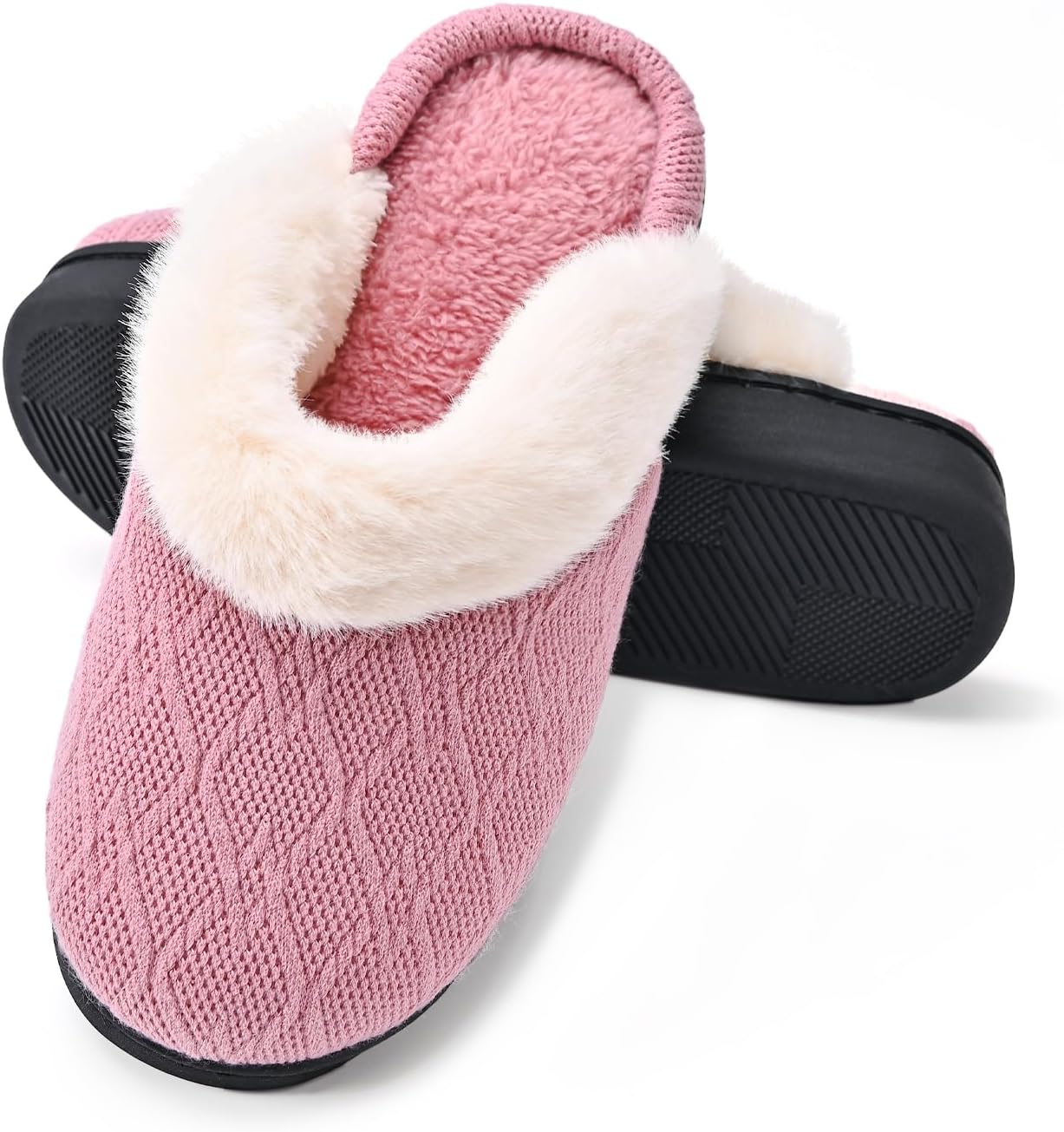 

Теплые вязаные тапочки для дома для женщин и мужчин, пушистые зимние тапочки с искусственным мехом, женские тапочки без задника для дома и улицы Jieertop, розовый