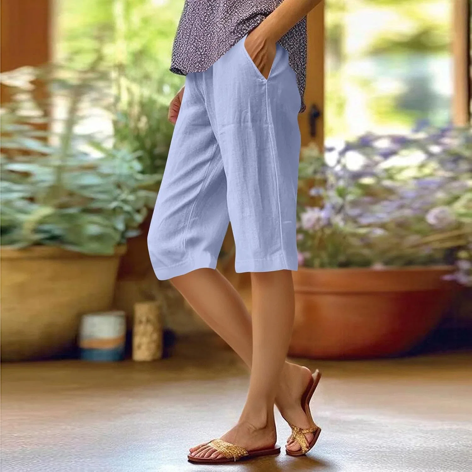 Шорты Active High Waisted Linen, Am006-light Blue — фото 2
