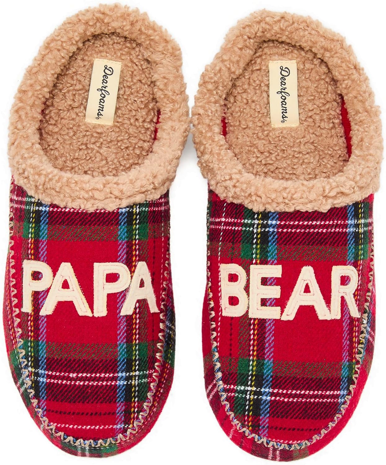 

Мужские тапочки Dearfoams Matching Family Holiday Papa Bear с вышивкой, отделка шерпой, модель Moc Toe, красный
