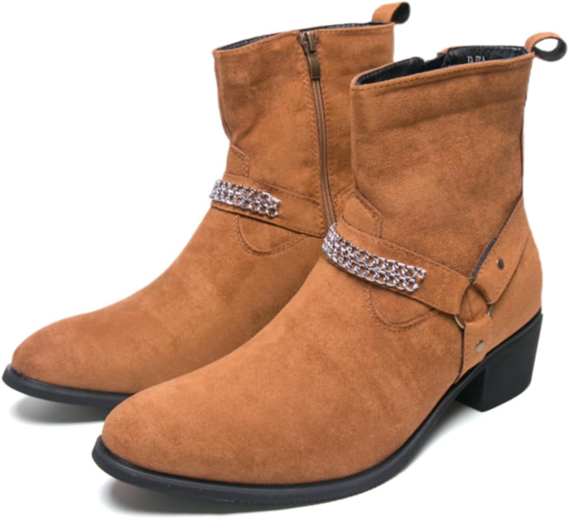 

Мужские ботинки до щиколотки с боковой молнией, байкерские ботинки из искусственной кожи с декоративной цепочкой, округлый носок, низкий каблук, повседневные панк-ботинки для мотоциклистов Foapts, коричневый