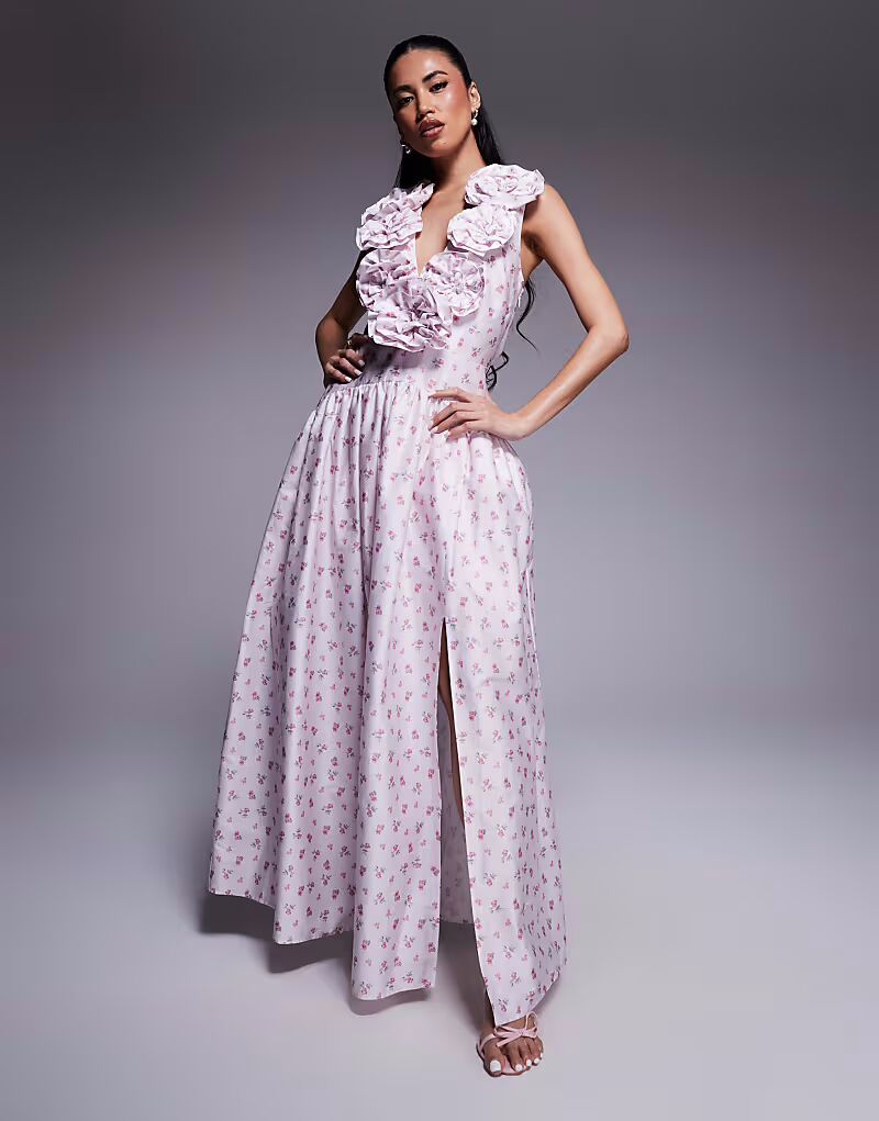 

Платье макси ASOS LUXE с глубоким вырезом из хлопкового сатина с цветочным принтом, заниженной талией и отделкой корсажем