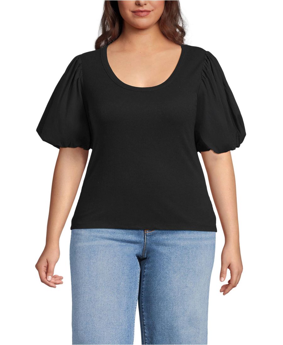 

Женская блузка больших размеров в рубчик с пышными рукавами и круглым вырезом Lands' End, Black