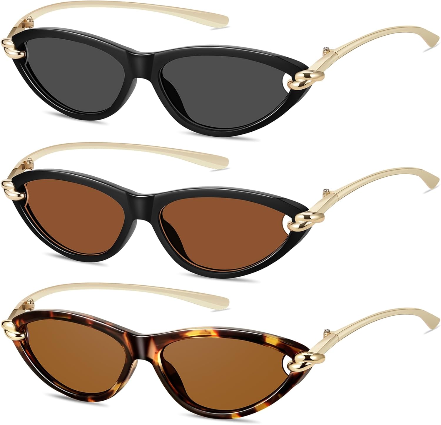 

Ретро-солнцезащитные очки «кошачий глаз» овальной формы для женщин, в стиле Y2k, модные узкие линзы, металлические дужки, защита от УФ-излучения YMRFW, 3pack (Black/Gray+black/Tea+tortoise/Tea)