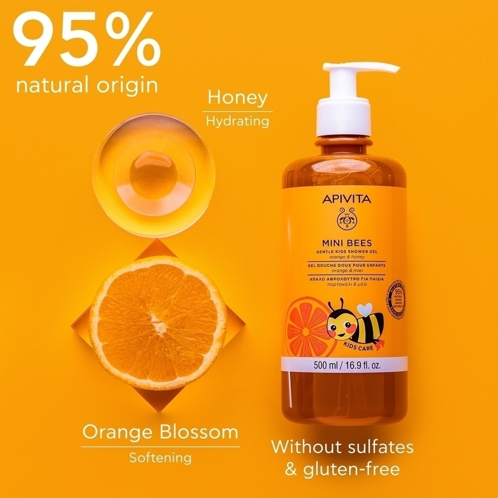 Гель для душа Mini Bees gentle kids, апельсин и мед, гель для душа для тела и волос для детей Apivita, 500 мл — фото 3
