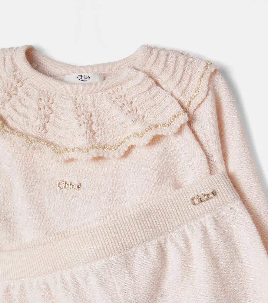 Детский комбинезончик из хлопка и кашемира с оборками Chloé Kids, розовый — фото 3