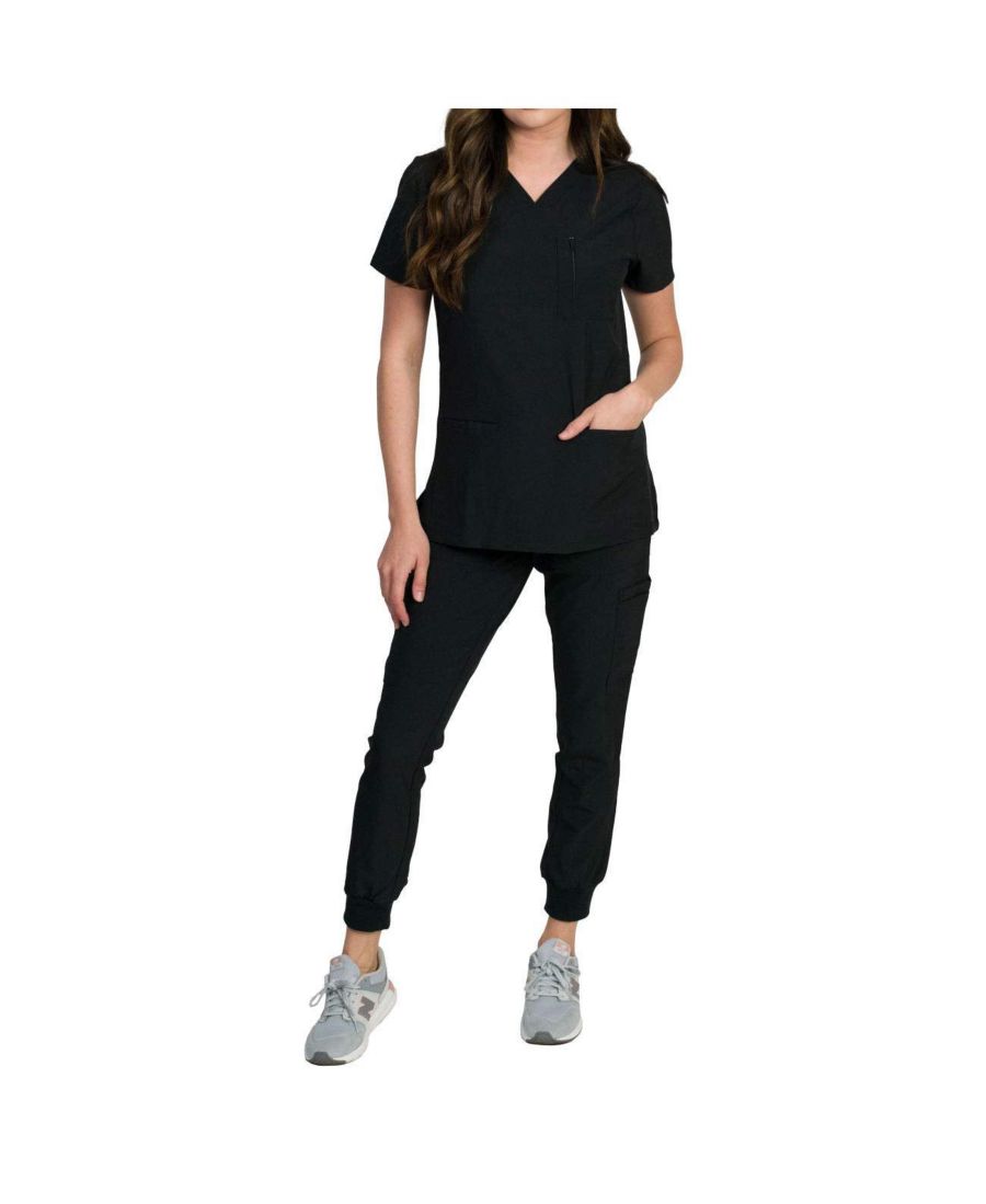 

Женский медицинский комплект Fleur Stretch с топом на молнии с нагрудным карманом и джоггерами с трикотажными ребристыми манжетами Medgear, Black