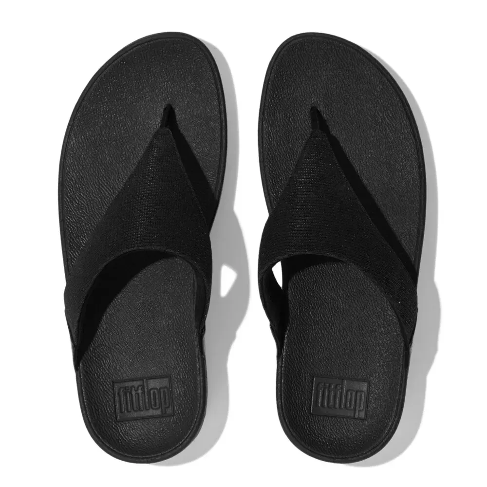 Шлепанцы "LULU SHIMMERLUX TOE-POST SANDALS", каблук-танкетка, летняя обувь, блестящие тапочки Fitflop, черный — фото 4