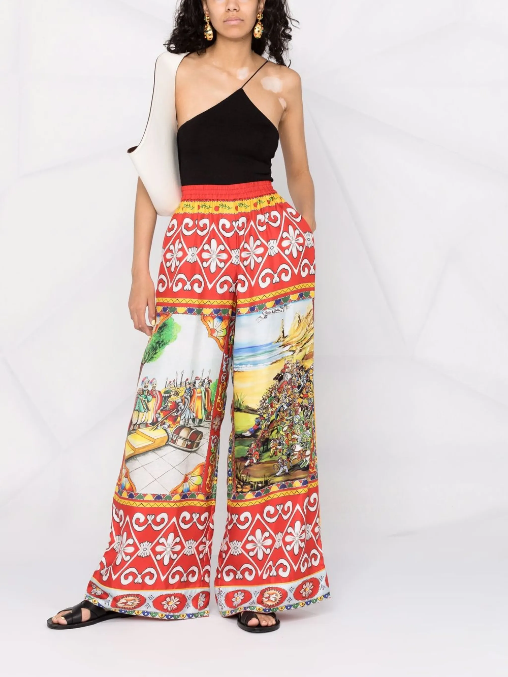 Широкие шелковые брюки с принтом Carretto Dolce & Gabbana, красный — фото 2