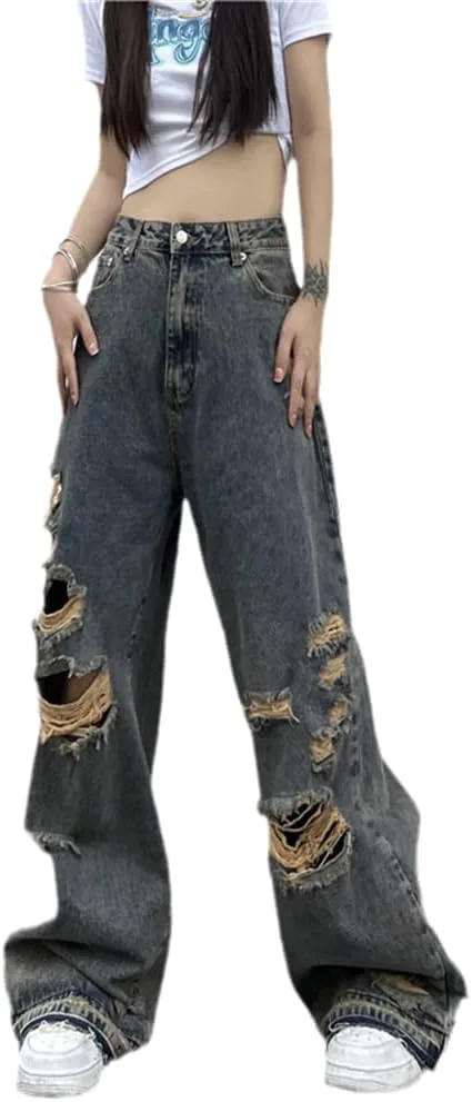 

Унисекс джинсы Harajuku в стиле стрит с потертостями, завышенная талия Richingfu