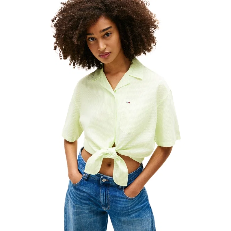 Рубашка женская с кубинским воротником Tommy Hilfiger, Neon Green Stripes 0CG — фото 4