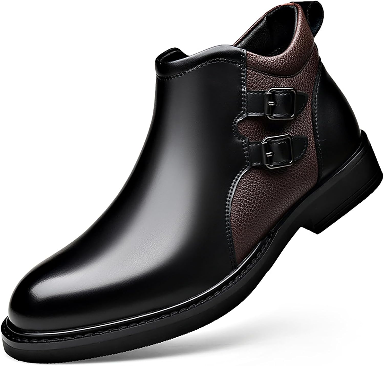 

Мужские кожаные ботинки челси с пряжкой, низкий каблук, классический круглый носок, боковая молния, нескользящие, для офиса, работы и вождения Faglkak, черный