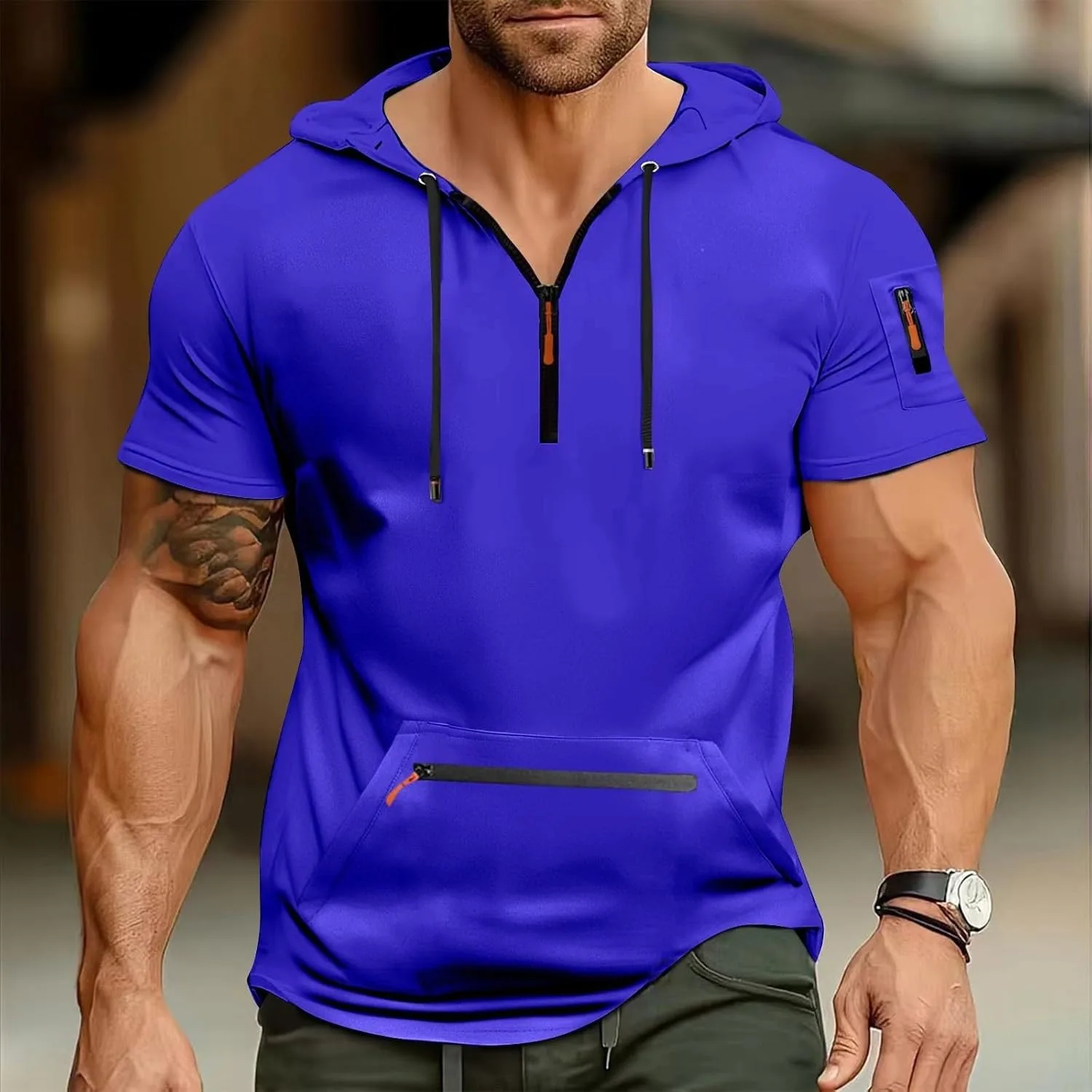 Мужская толстовка с короткими рукавами и карманами, Slim Fit — фото 2