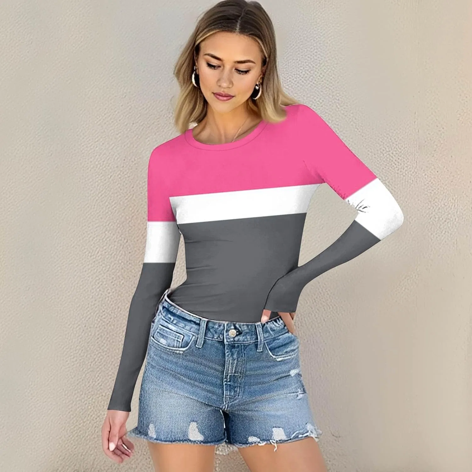 Женская футболка с длинным рукавом, полосатая, 3-hot Pink — фото 2