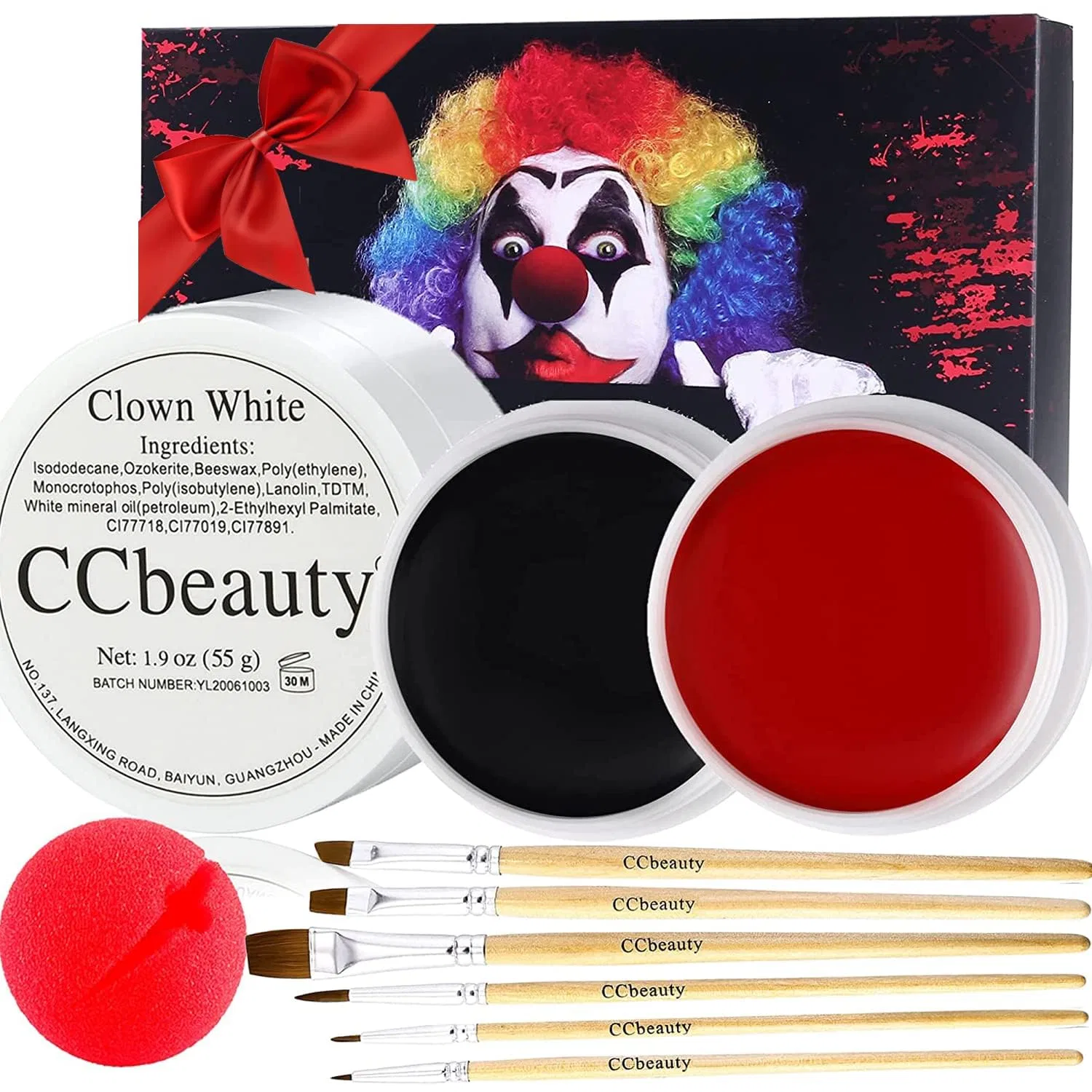 Набор для грима CCbeauty: белая, черная, красная краска с носом клоуна и кистью Ccbeauty