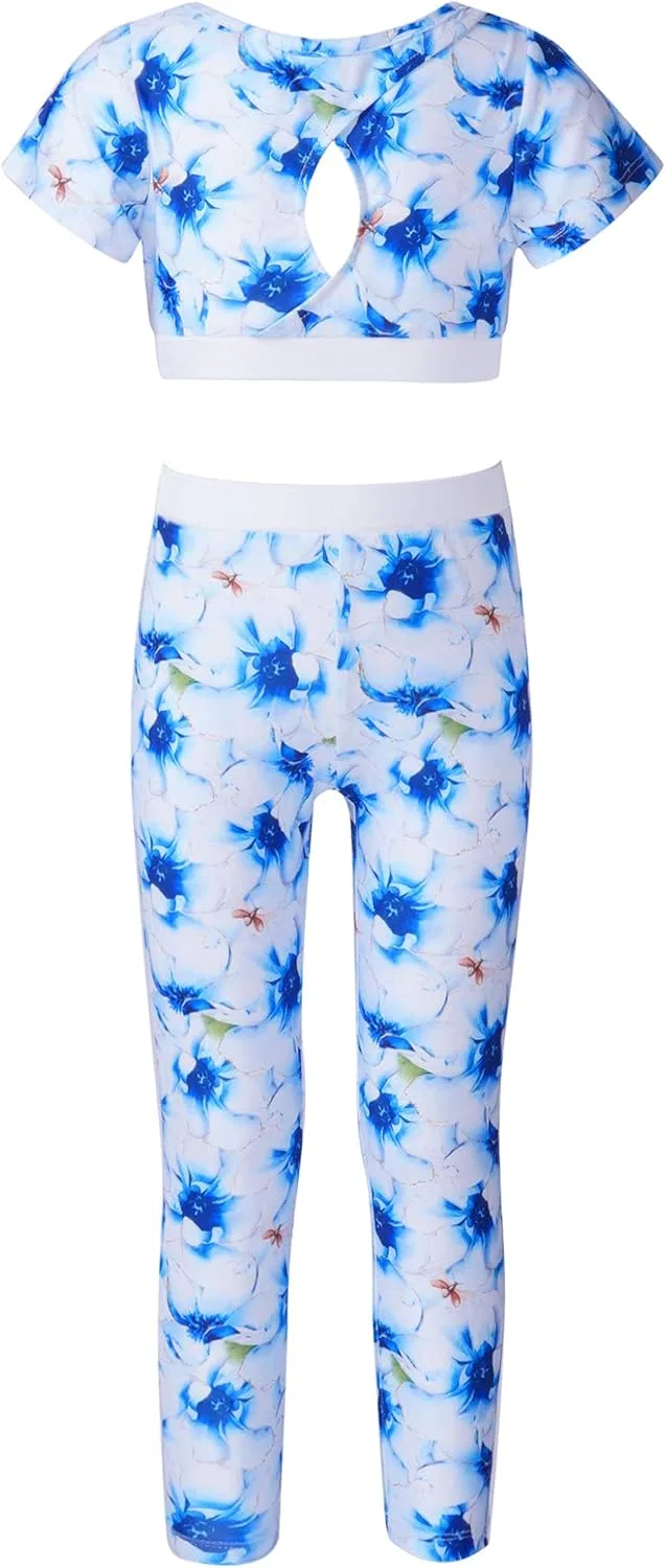 Детский спортивный костюм с принтом Moggemol, топ и леггинсы, Blue-floral — фото 2