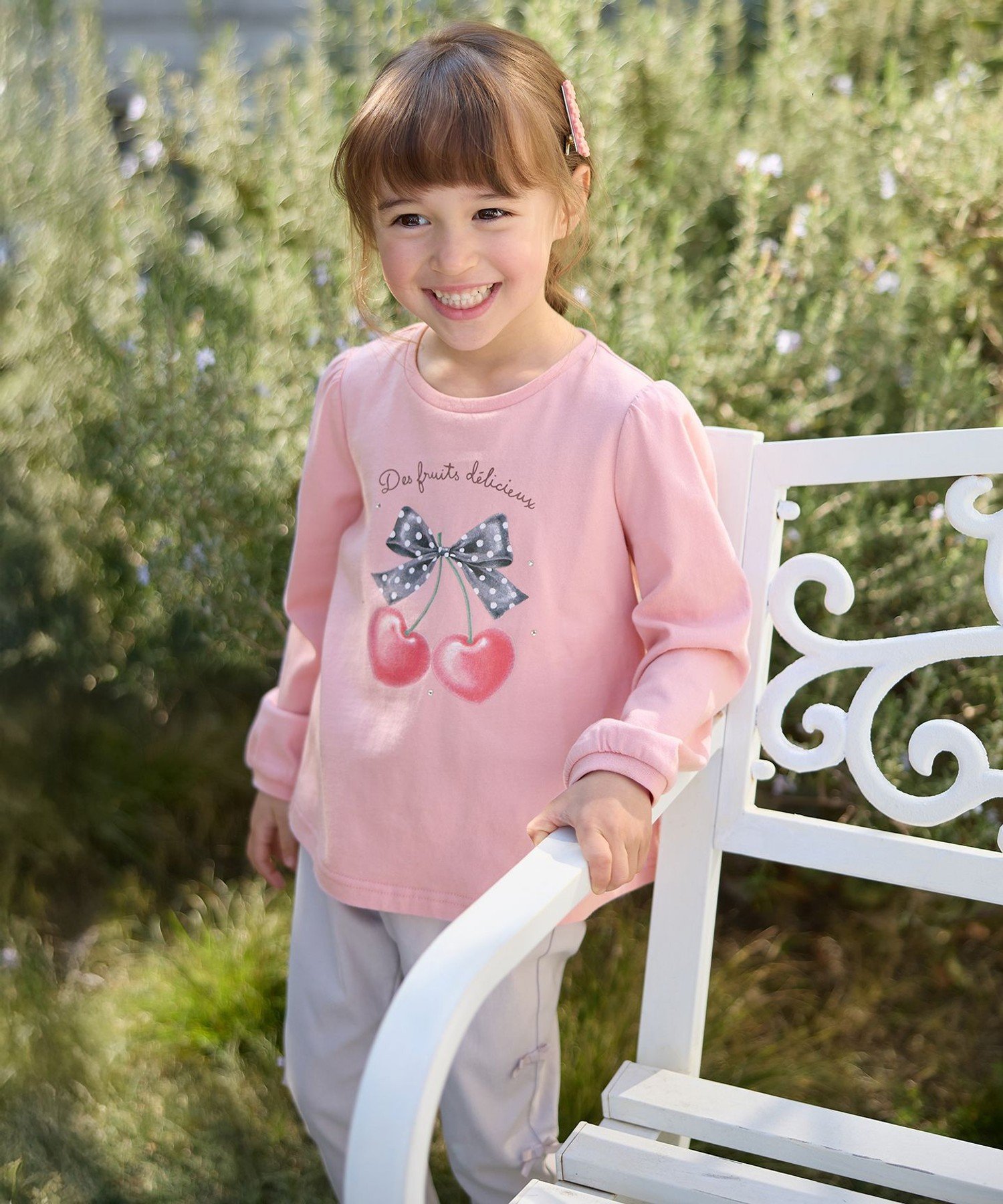 Футболка с длинными рукавами в девичьем стиле ANY KIDS, Pink (Ribbon x Cherry [012] — фото 2