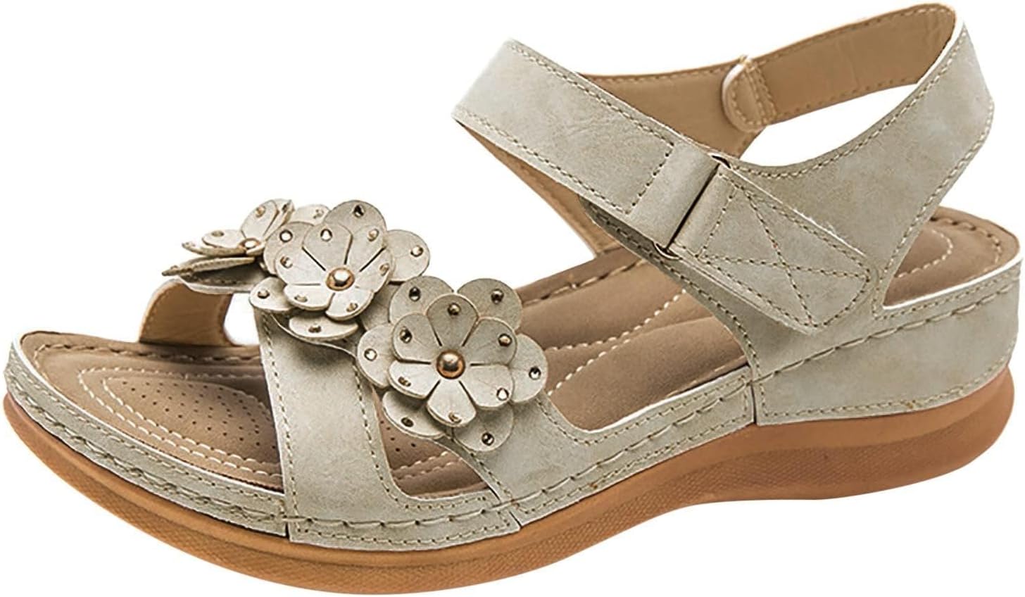 

Женские ортопедические сандалии для ходьбы, удобные нарядные повседневные туфли на платформе, сандалии на танкетке, ортопедическая поддержка свода стопы, с регулируемым ремешком на липучке Generic, бежевый