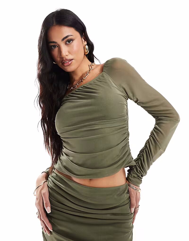 

Сетчатый топ цвета хаки с длинными рукавами и сборками от ASOS DESIGN
