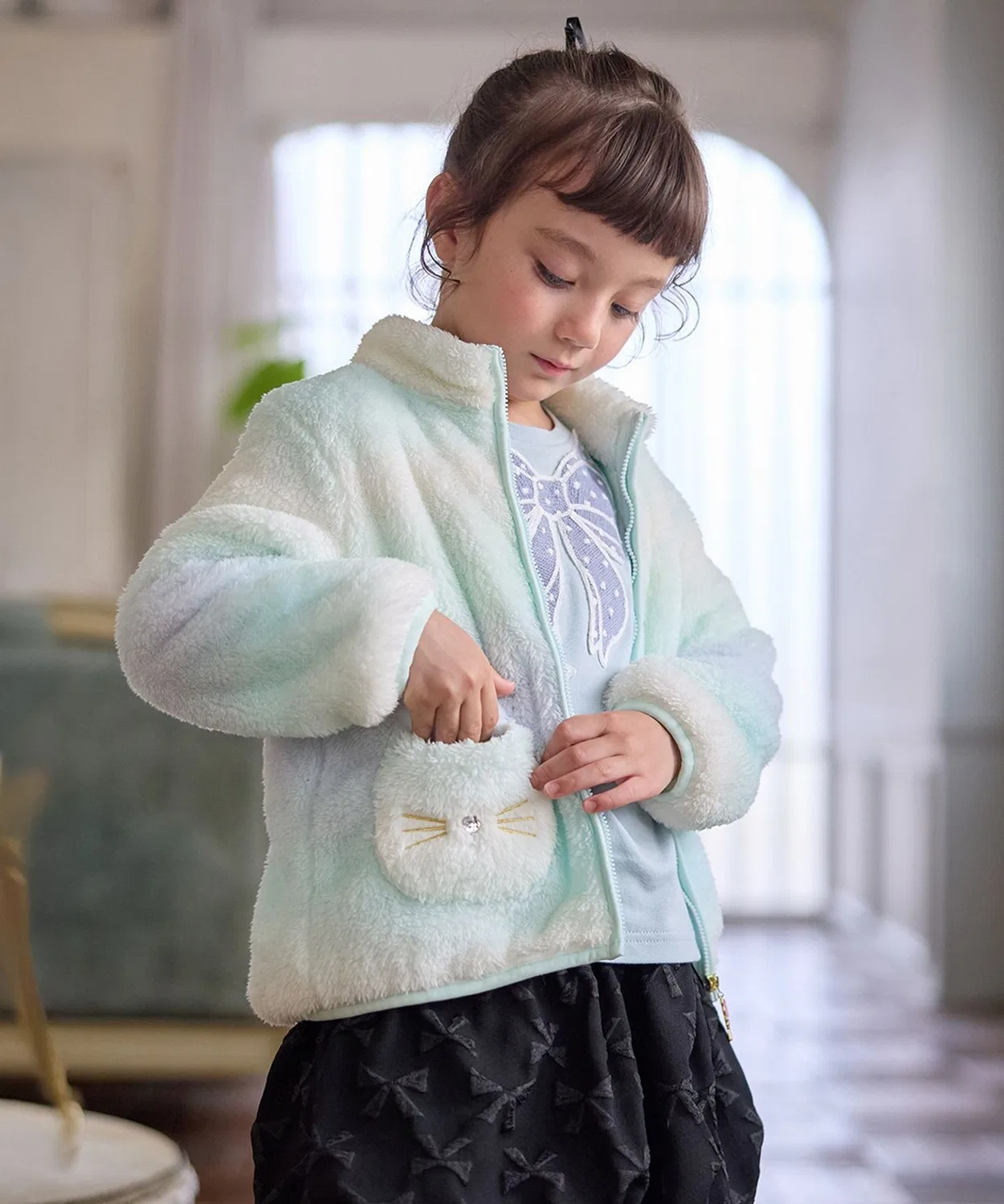 Детский бомбер из искусственного меха с кошачьими мотивами, ANY KIDS, 100-160 см, светло-зеленый