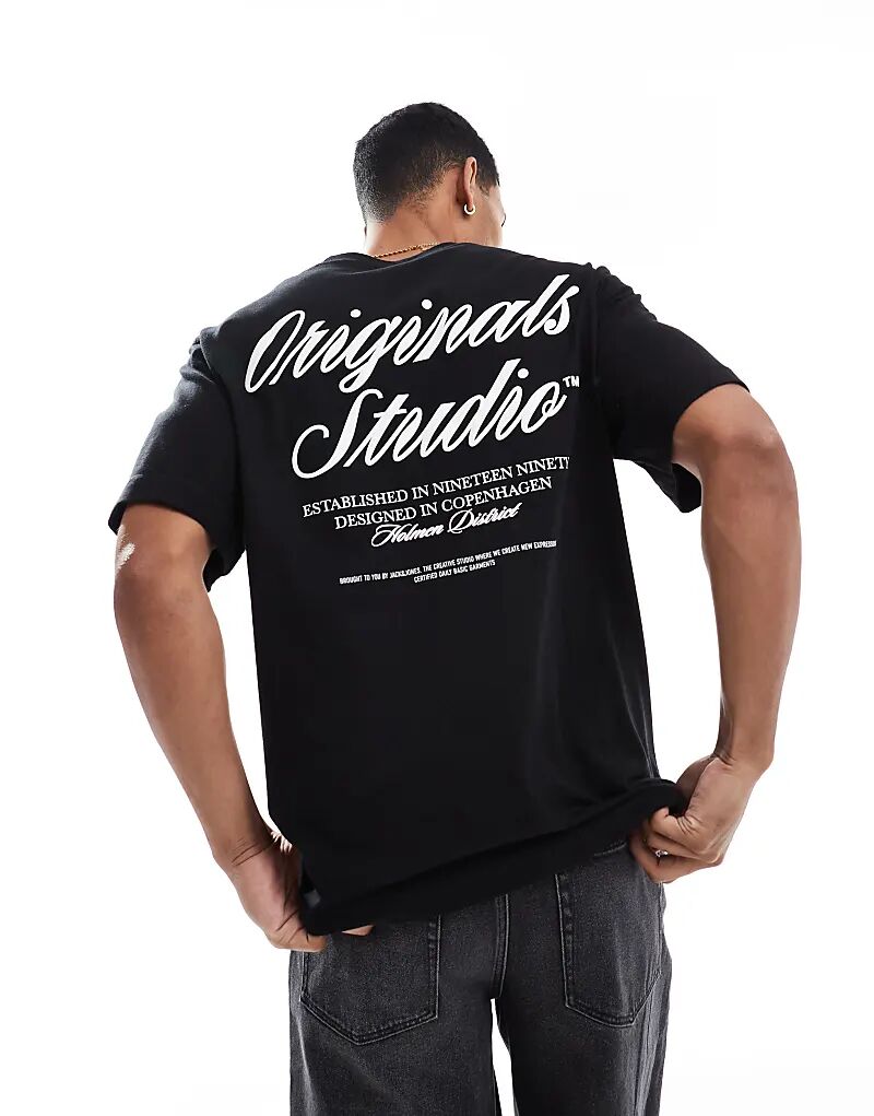 

Футболка Jack & Jones Originals Studio большого размера с надписью на спине черного цвета