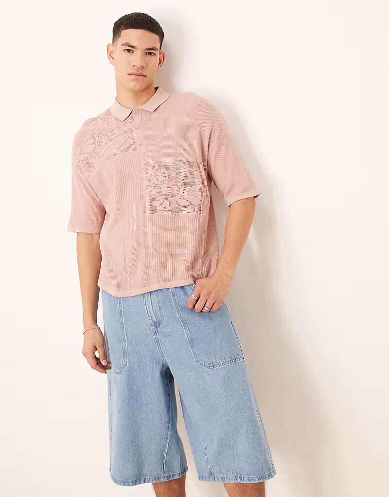 

Свободное трикотажное поло ASOS DESIGN с цветочным узором в стиле пэчворк в пыльно-розовом цвете