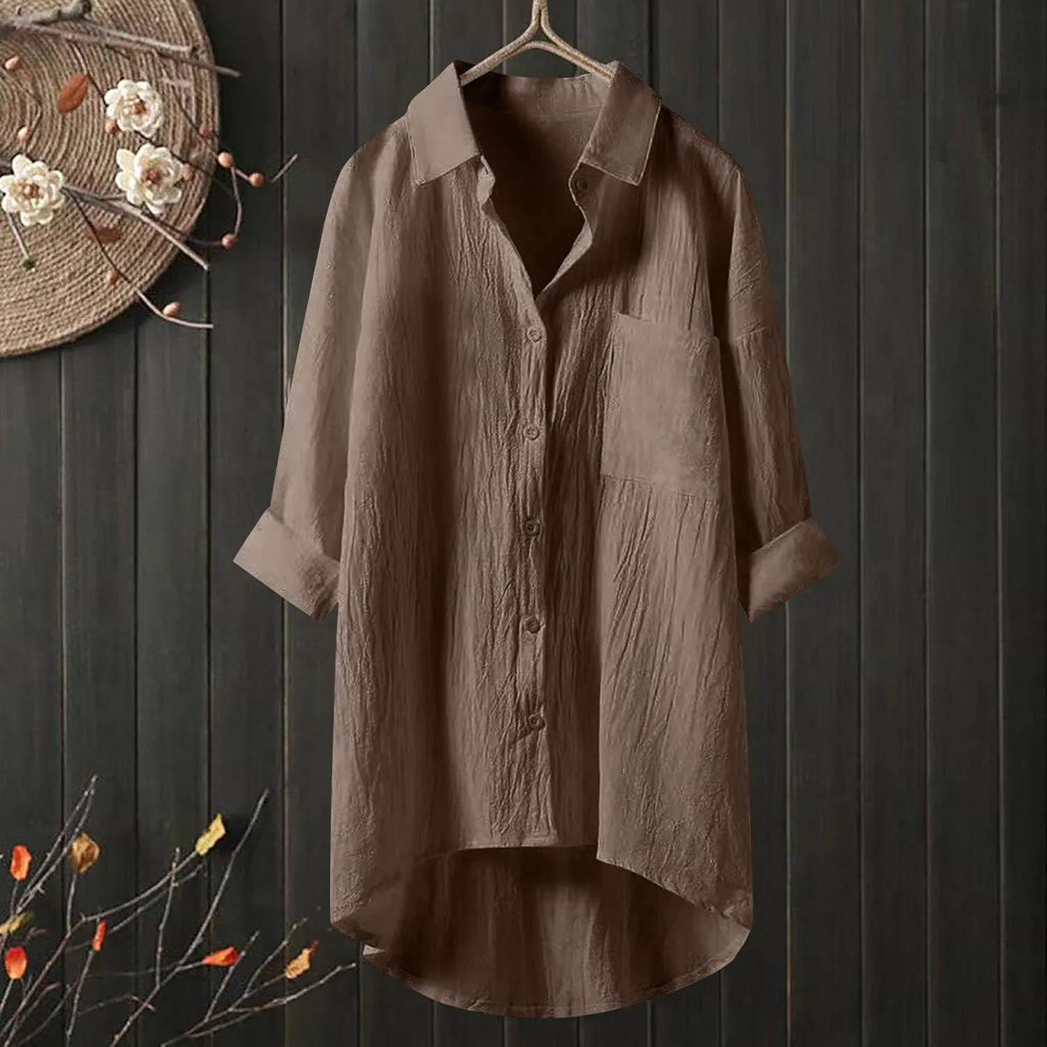 Блуза из хлопка и льна, свободная, с V-образным вырезом, длинным рукавом, Khaki — фото 2