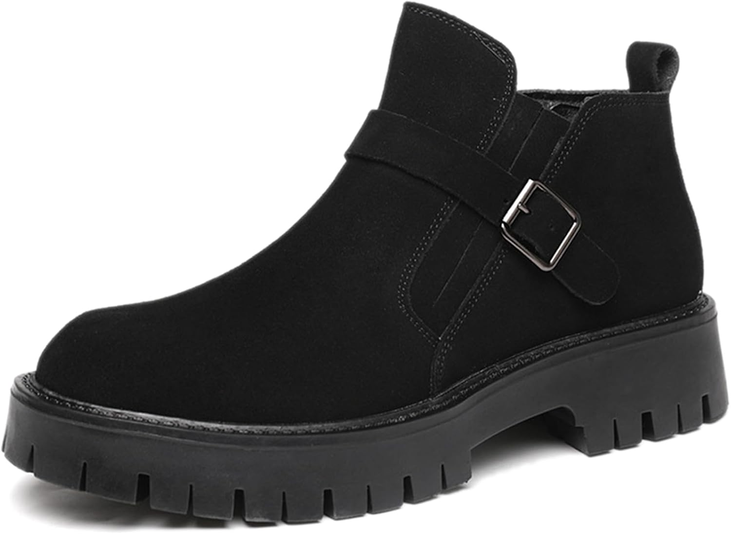 

Мужские замшевые ботинки на платформе Chelsea с плюшевой подкладкой, классический круглый носок, удобные, с противоскользящей подошвой, дезерт-ботинки с регулируемой пряжкой, зимние теплые деловые ботинки-чанка Adkgbe, черный