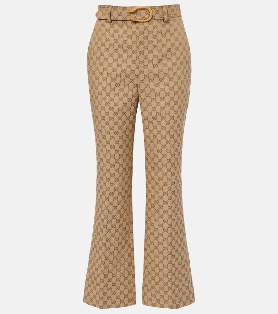 Брюки расклешенные Gucci GG Canvas, с кожаной подкладкой и золотой фурнитурой, бежевый