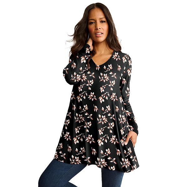 

Женская футболка-туника plus size с V-образным вырезом Roaman'S, Black Leafy Print