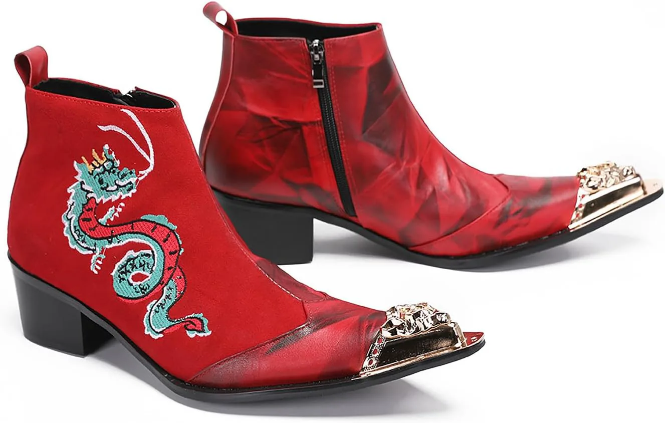 

Мужские ботинки Santimon Chelsea для вечеринок, кожаные, с металлическим наконечником, вышивкой, изображением дракона, граффити, ковбойские, западного стиля, для свадеб, модные, для балла, повседневные, красный