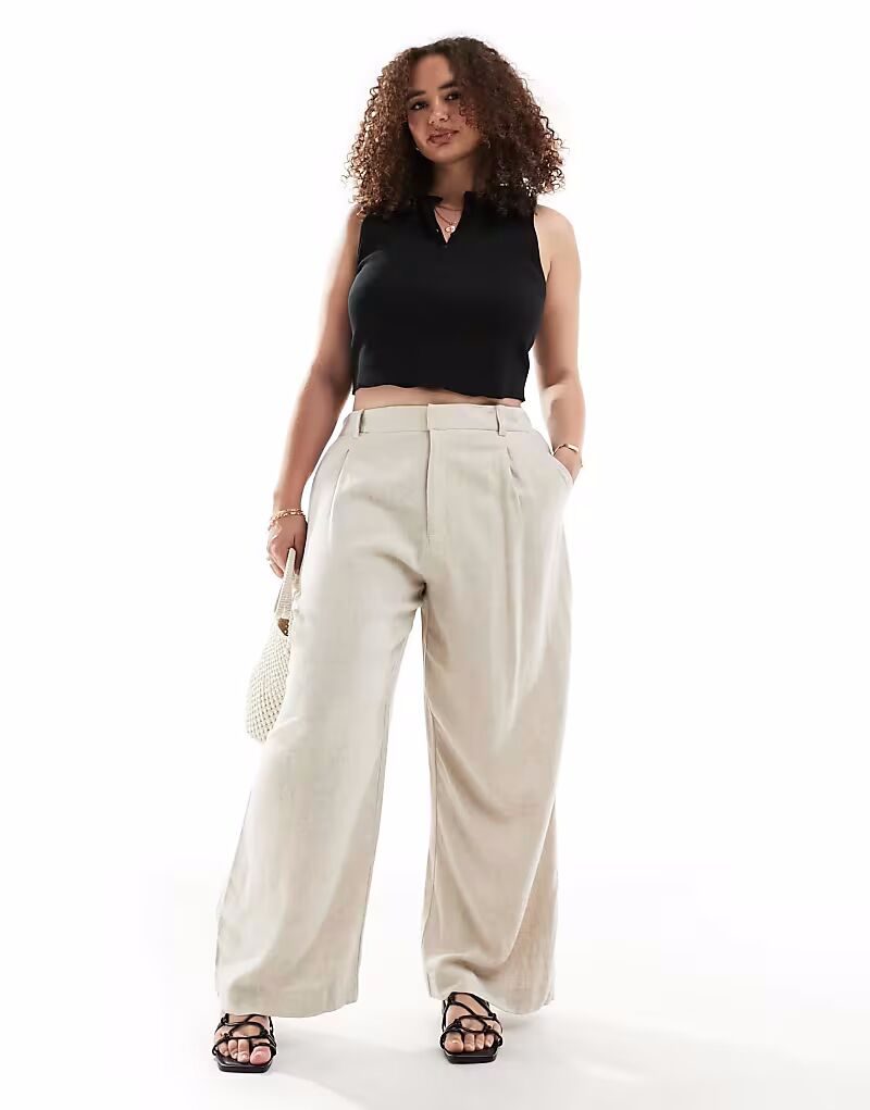 

Брюки прямого кроя ASOS DESIGN Curve с отделкой из льна натурального цвета ASOS Curve