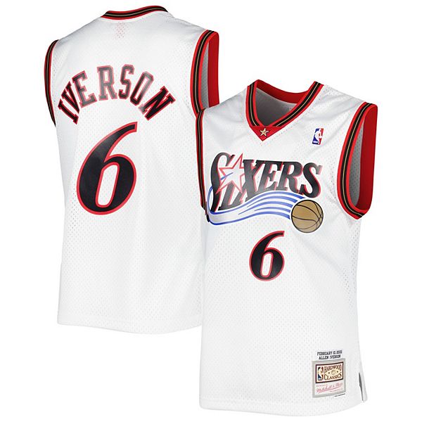 

Мужская футболка allen iverson white philadelphia 76ers 2001/02 hardwood classics swingman Mitchell & Ness