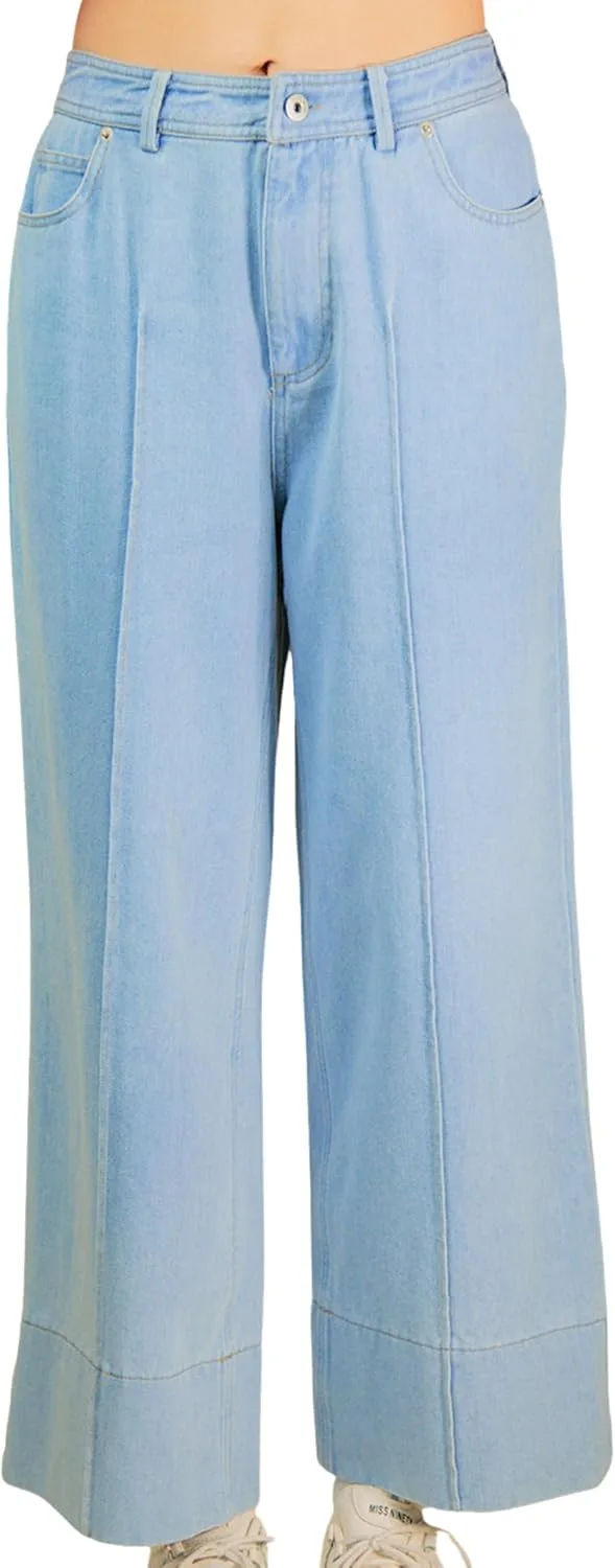 

Женские джинсы кроп с широкими штанинами — высокая посадка, потертый деним, эластичная спинка MOVINT