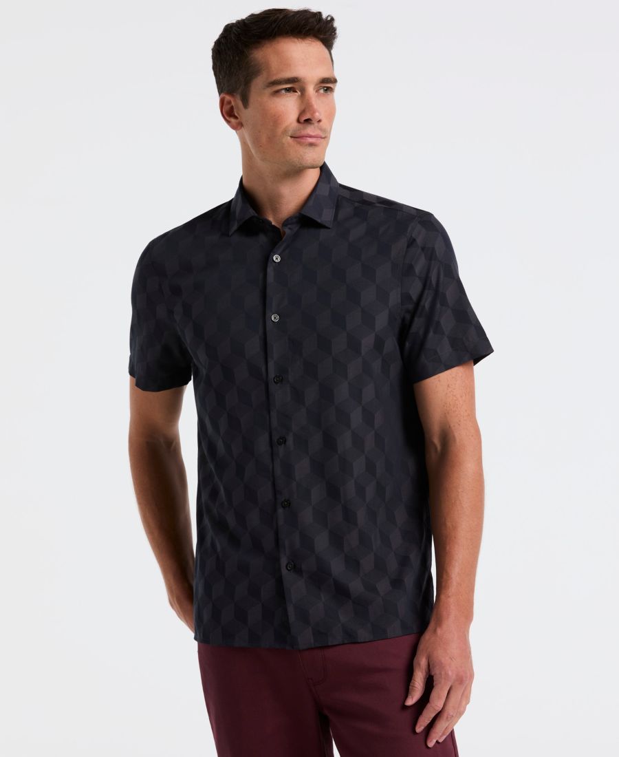 

Мужская рубашка с коротким рукавом и жаккардовым узором Кубик Гео Perry Ellis, Dark Sapphire