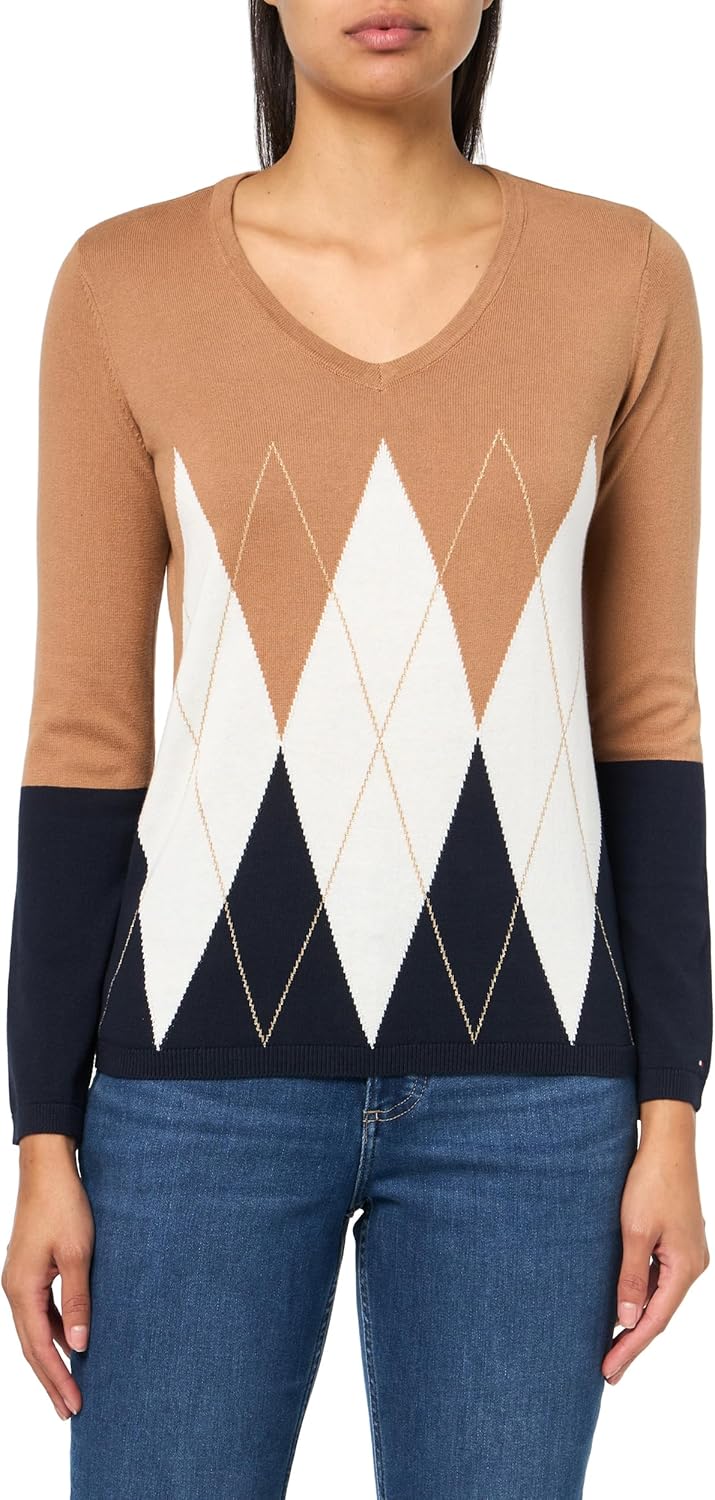 Женский свитер Tommy Hilfiger с V-образным вырезом и длинными рукавами, узором «плющ» и узором «ромбы», Brown Sugar Multi