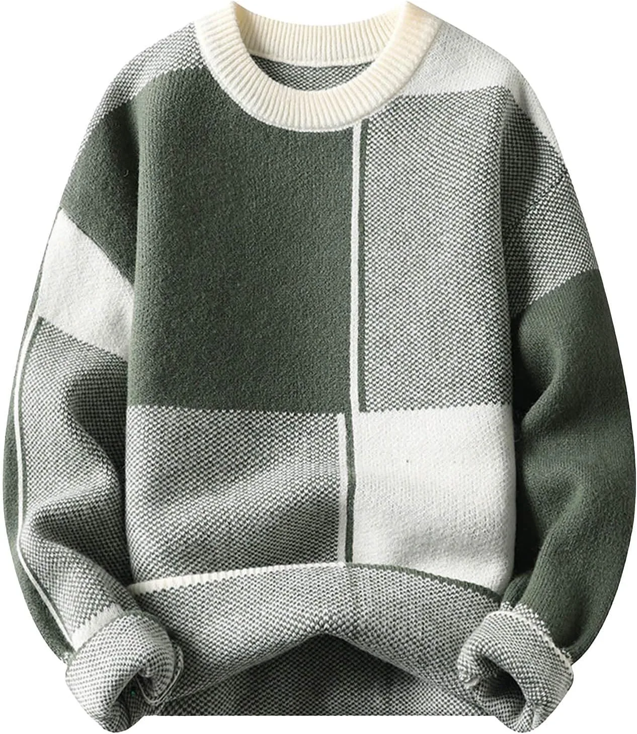 

Мужской свитер зимний теплый цветной блок длинный рукав круглый вырез